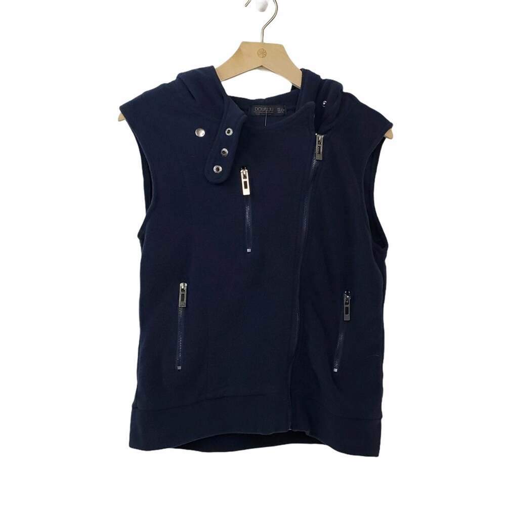 Doublju Fitted Zip-Up Hooded Moto Vest Blue  NEW - Picture 2 of 13